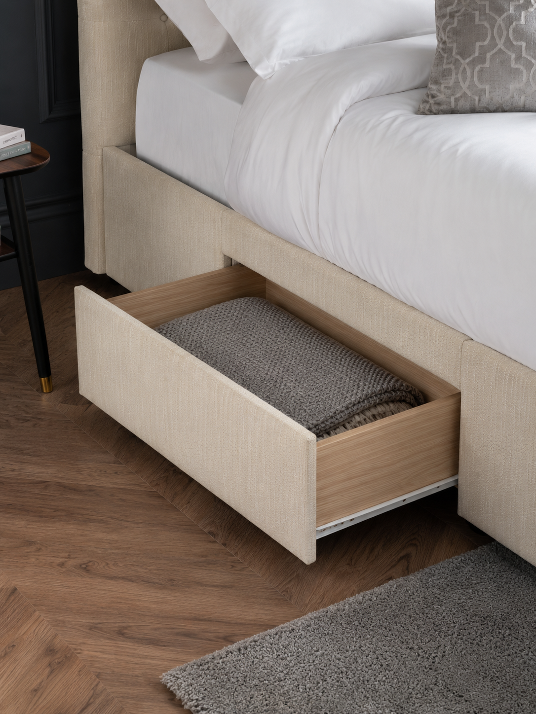 Wilton Upholstered 4 Drawer Storage Bed Frame - Oatmeal Linen, Double