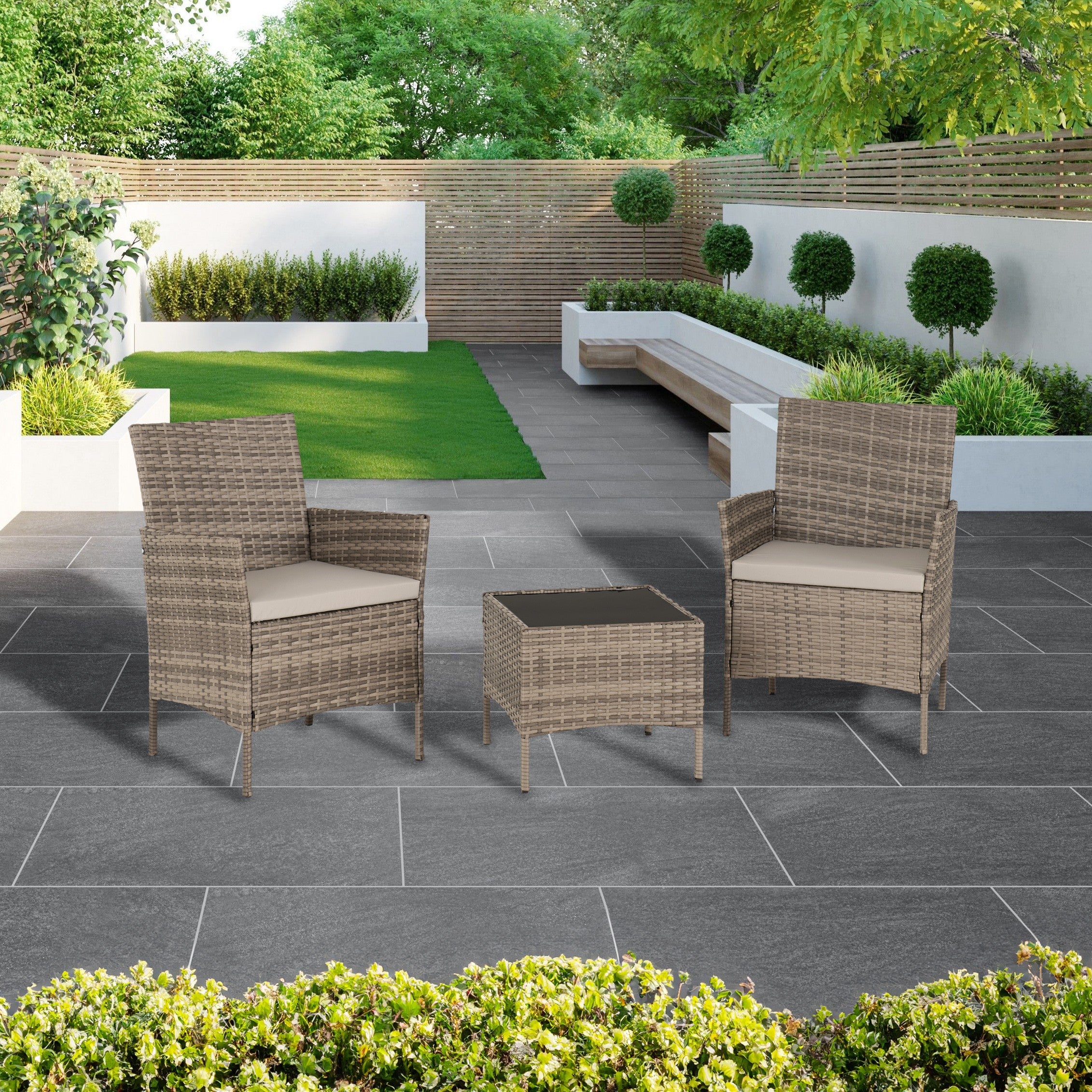Willow 3 Piece Garden Set Grey Rattan/Grey Fabric/Black Glass