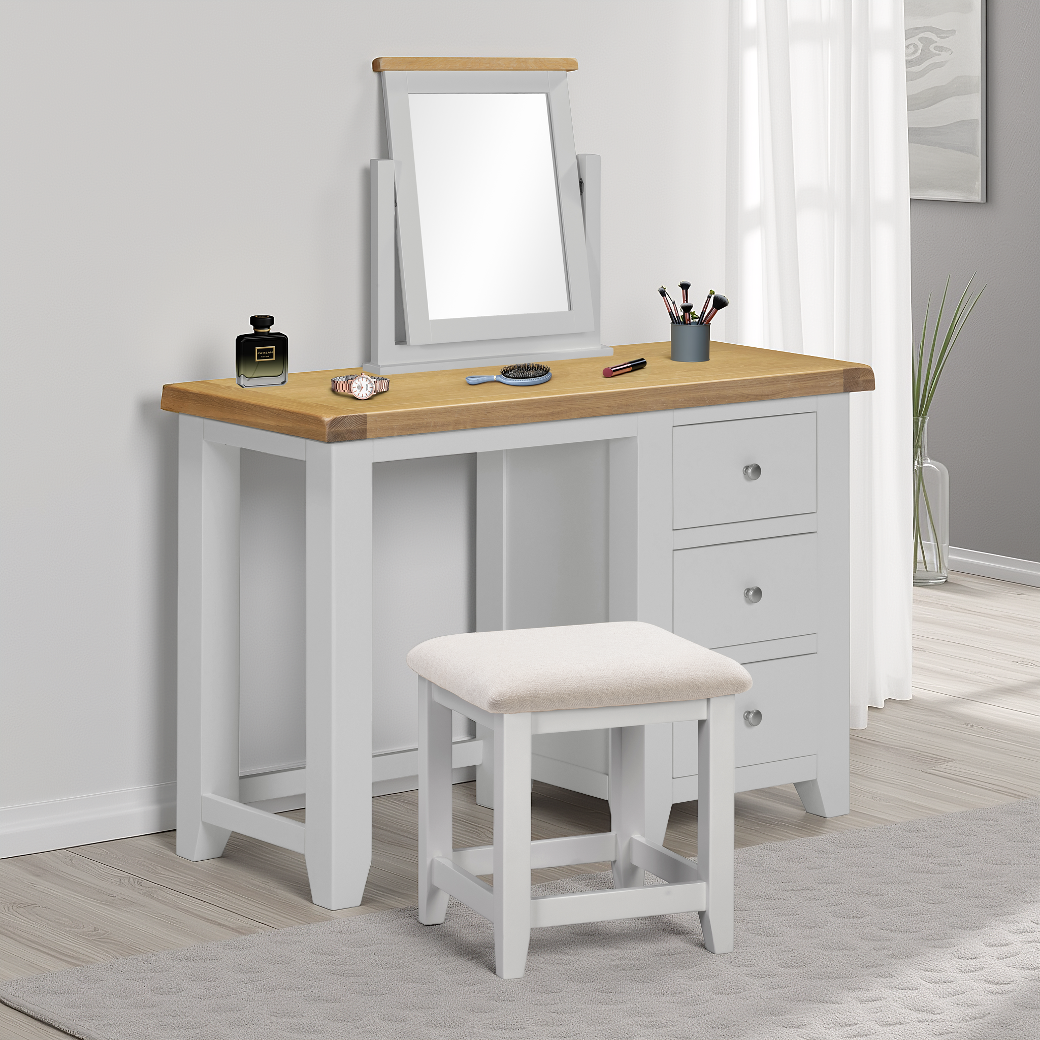 Windsor 3 Drawer Dressing Table Set Pebble Grey/Oak/Oat Fabric