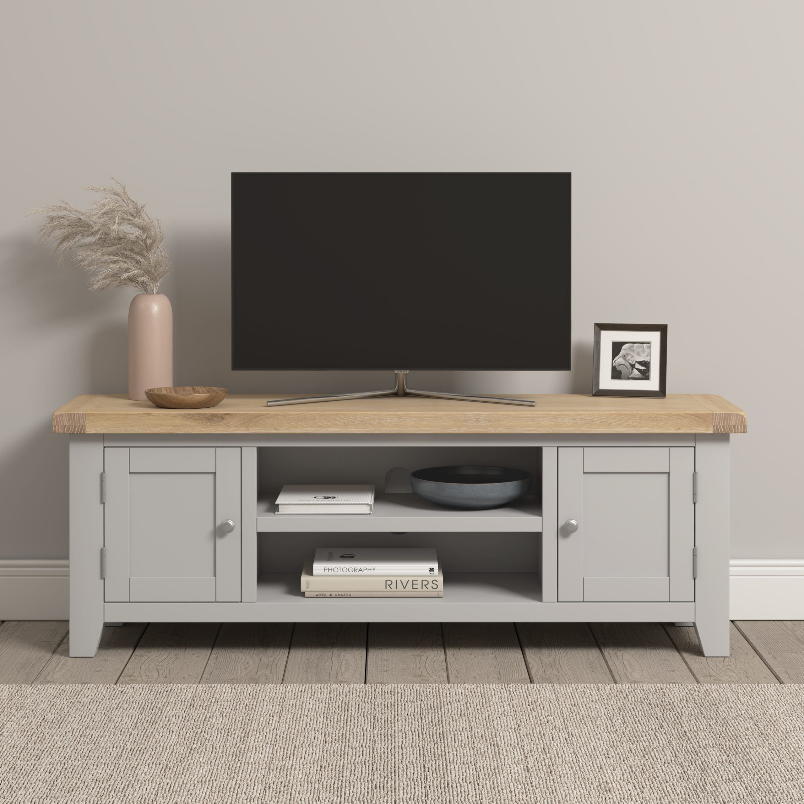 WBF - Windsor Straight TV Unit - Pebble Grey/Oak