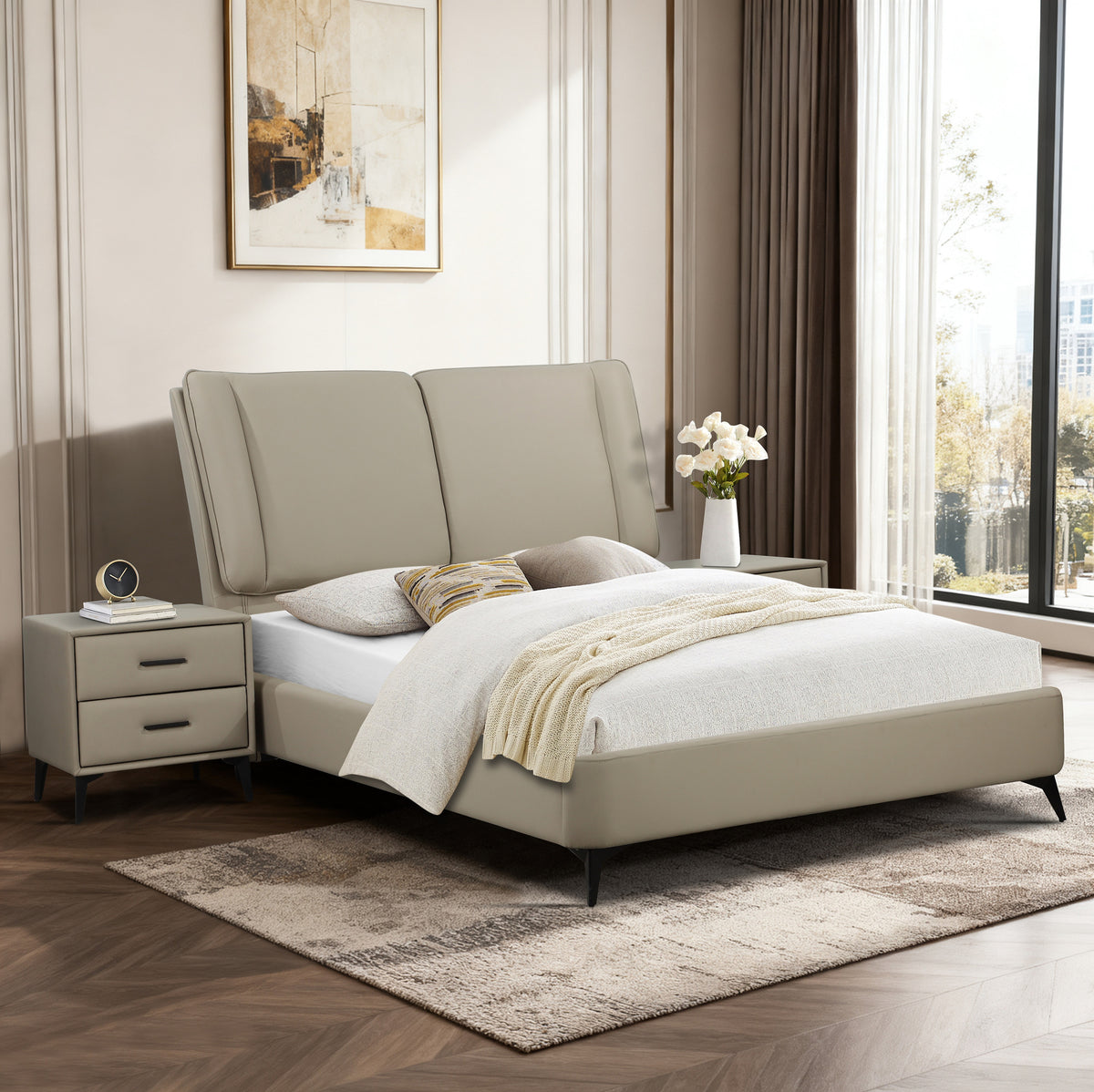 Antrim Bed Frame – Greige Faux Leather