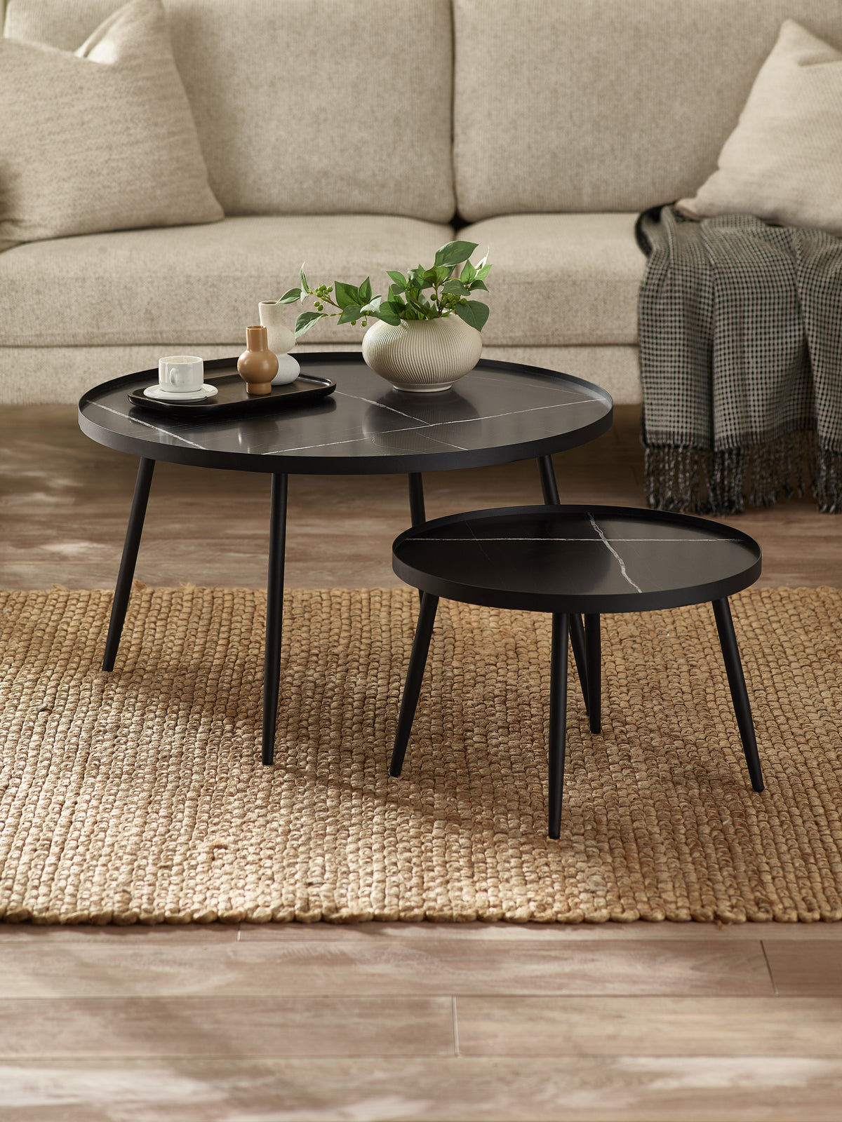 Nolan Black Marble-Effect 78cm Round Nesting Coffee Tables (oos)