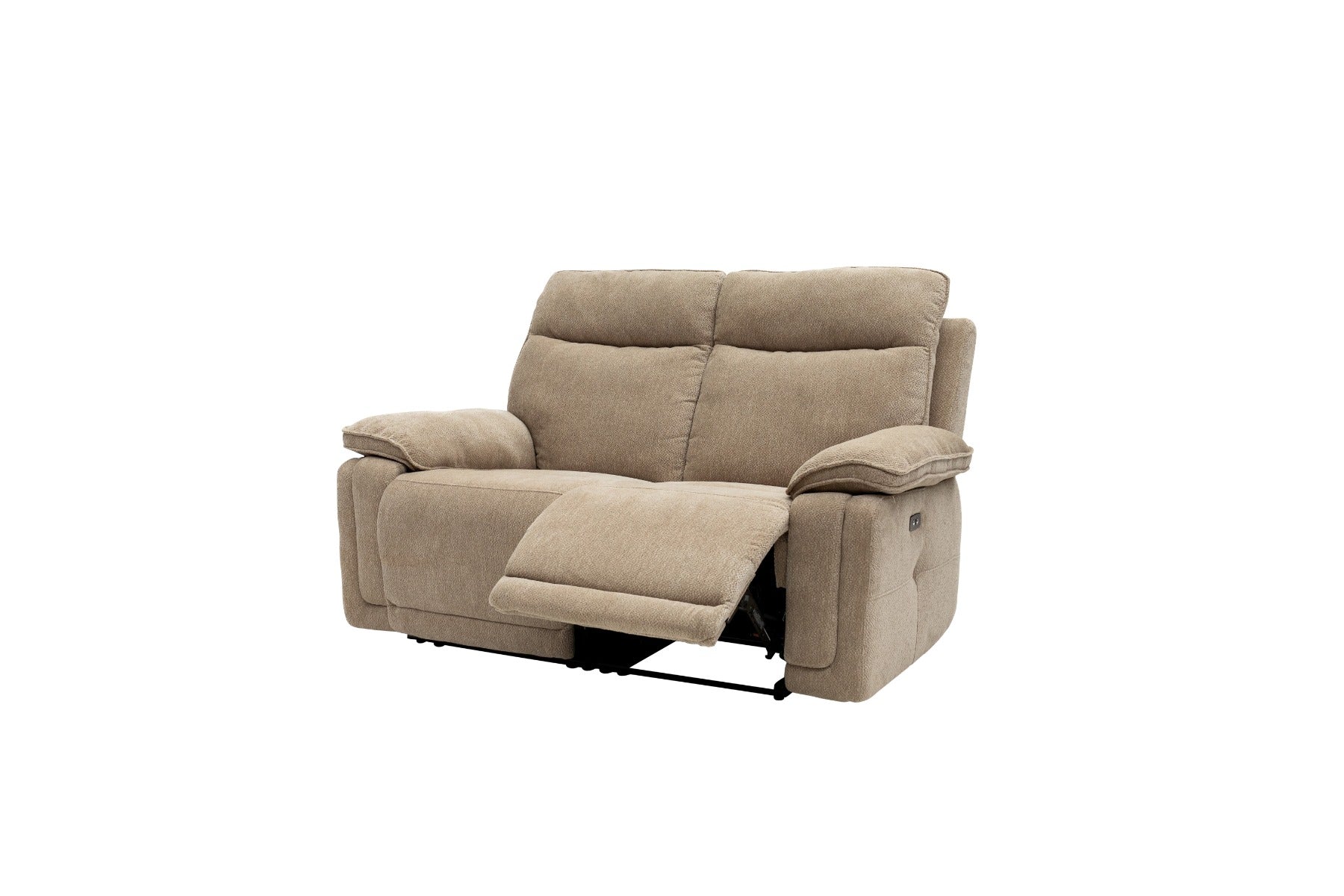 Cadenza Camel Fabric Electric Recliner 2-Seater Sofa – Piped Trim, USB Charging Ports, and Deep-Filled Seating
