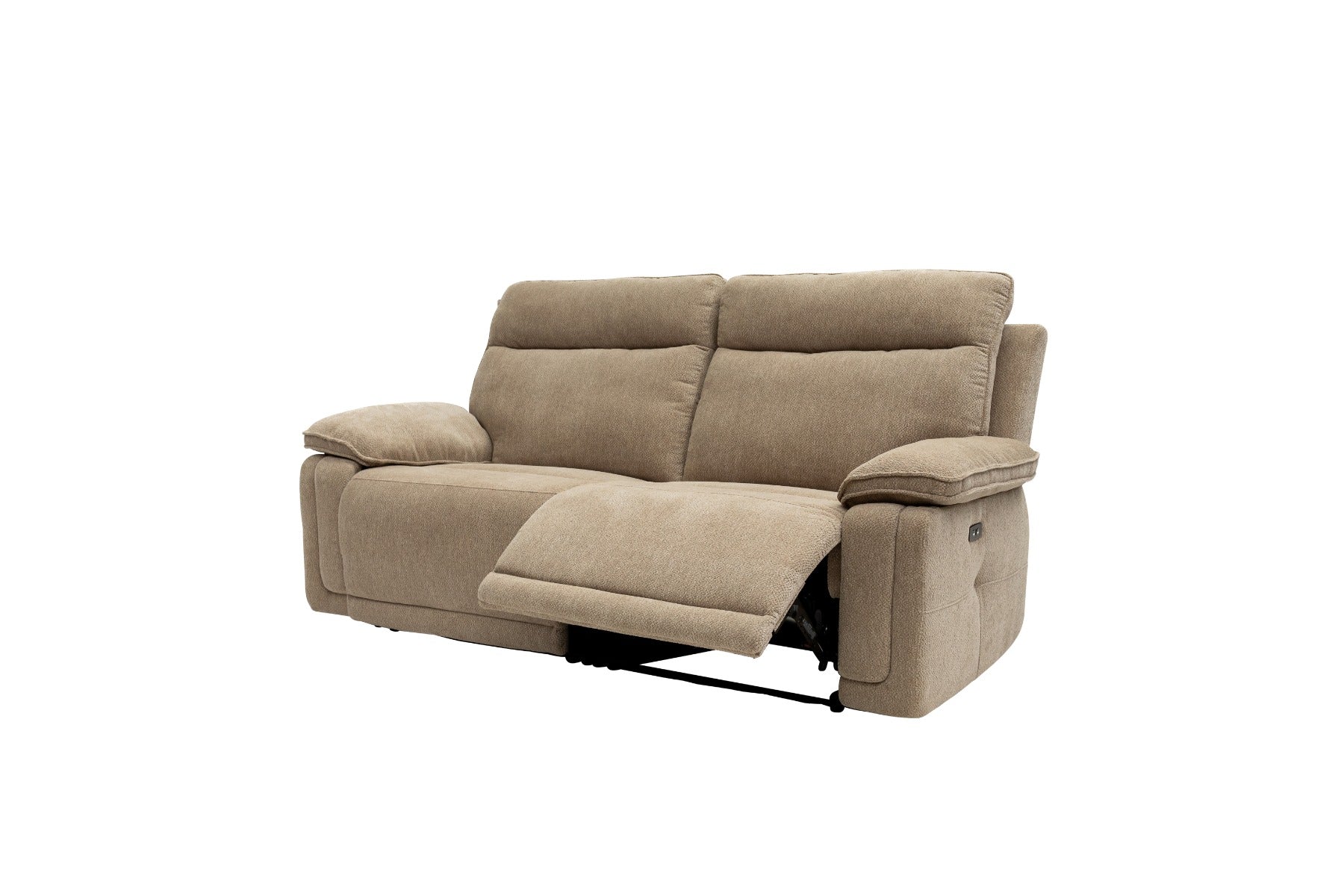 Cadenza Camel Fabric Electric Recliner Sofa – Piped Trim, USB Charging Ports, and Deep-Filled Seating