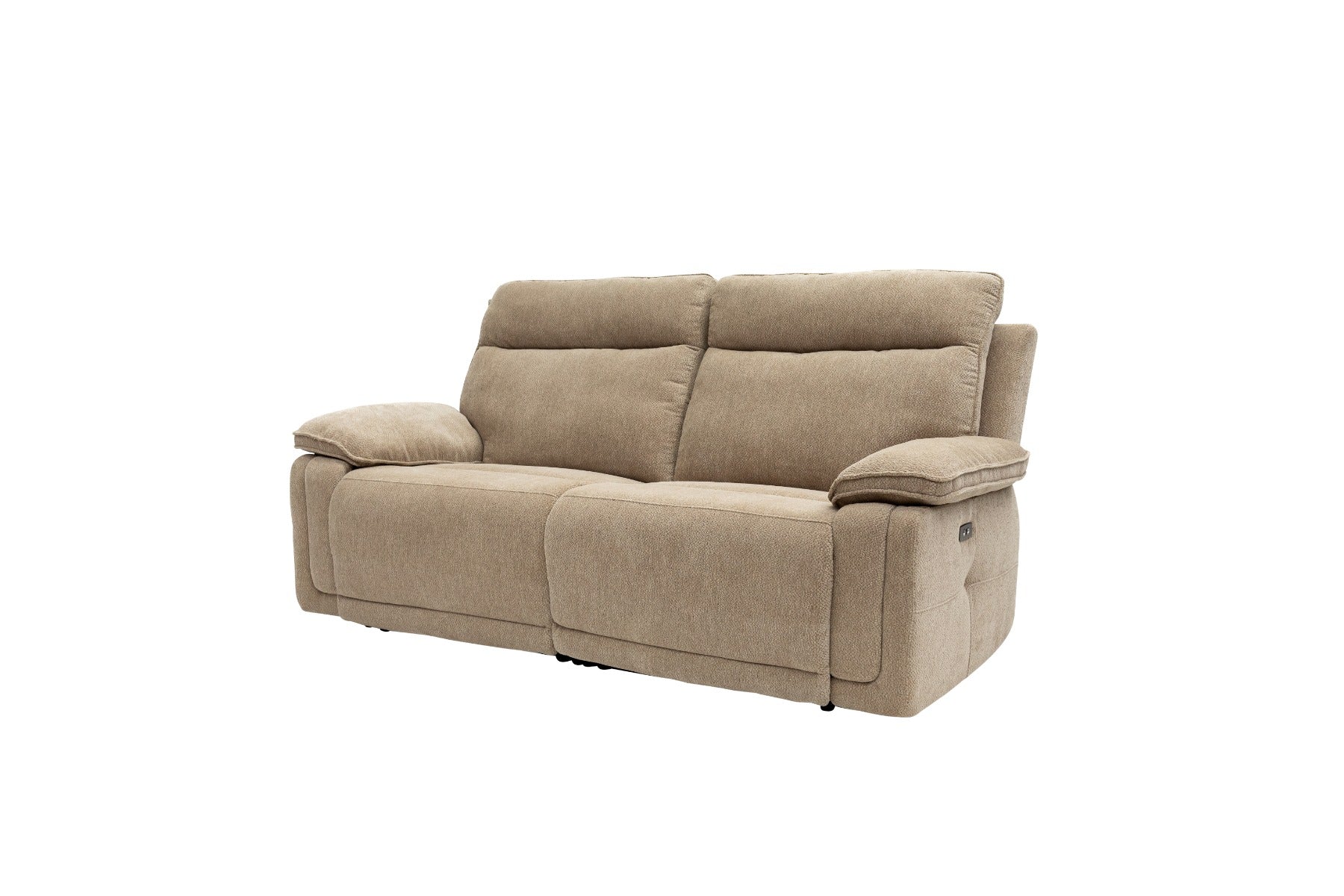 Cadenza Camel Fabric Electric Recliner Sofa – Piped Trim, USB Charging Ports, and Deep-Filled Seating