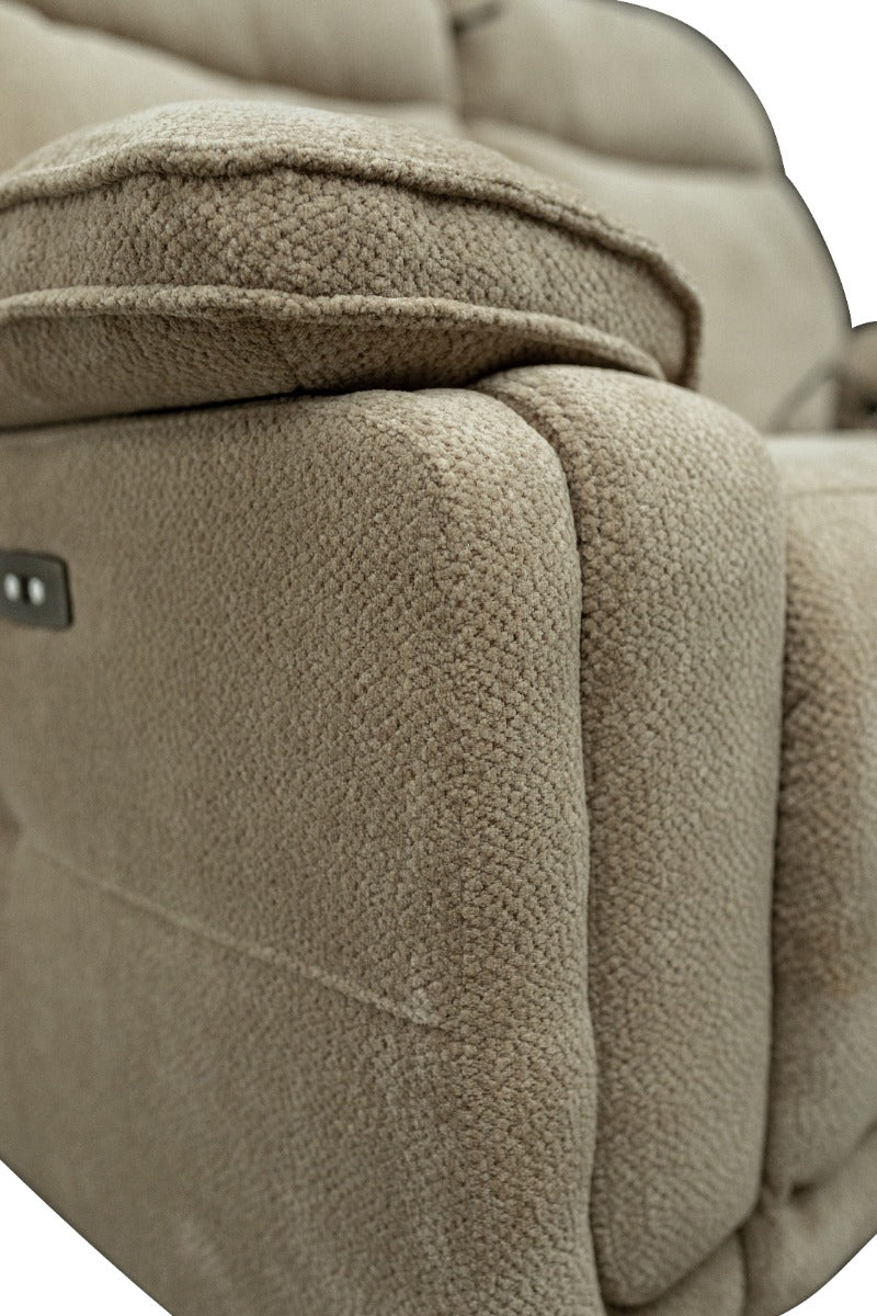 Cadenza Camel Fabric Electric Recliner 2-Seater Sofa – Piped Trim, USB Charging Ports, and Deep-Filled Seating