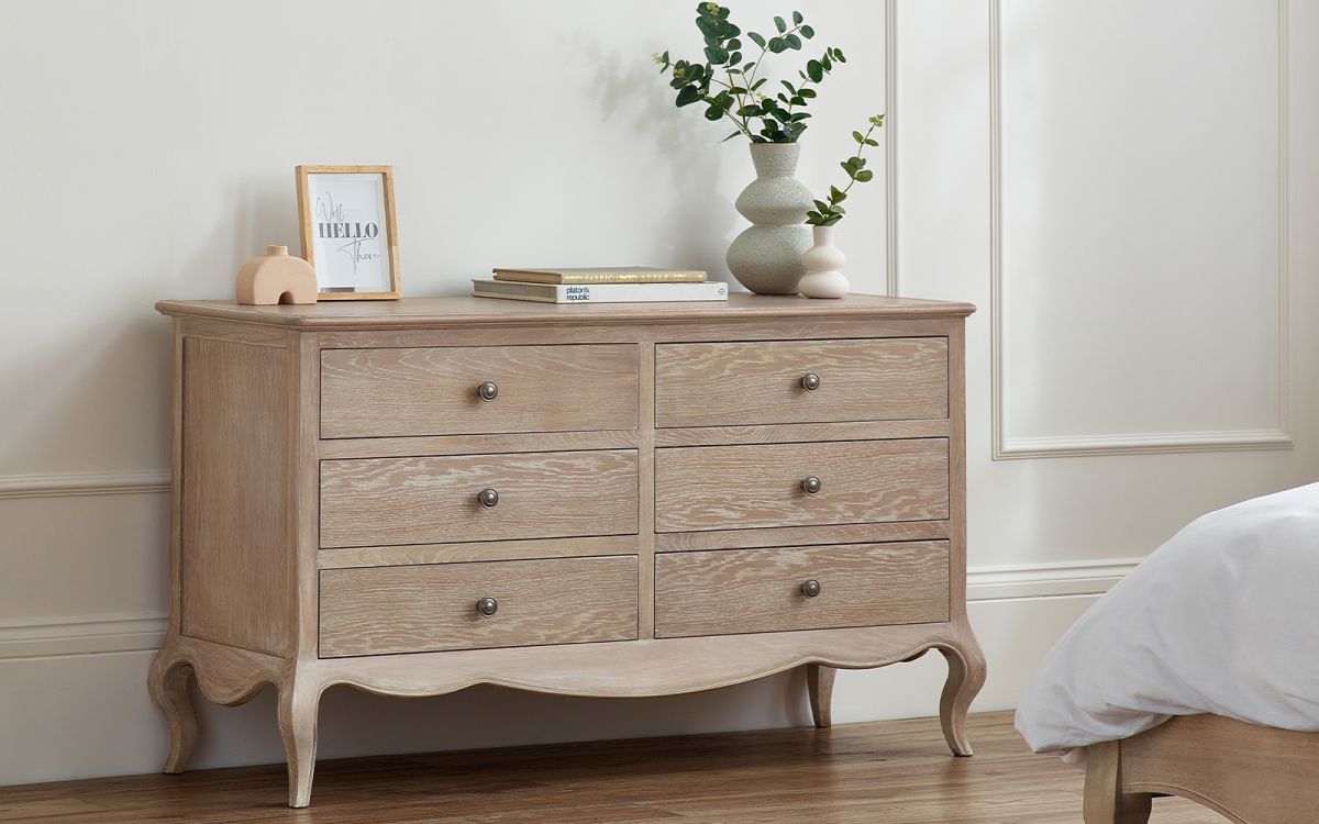 Camille 6 Drawer Wide Chest - Limed Oak | French-Inspired Elegance with Timeless Detailing (Pre-order for August delivery)
