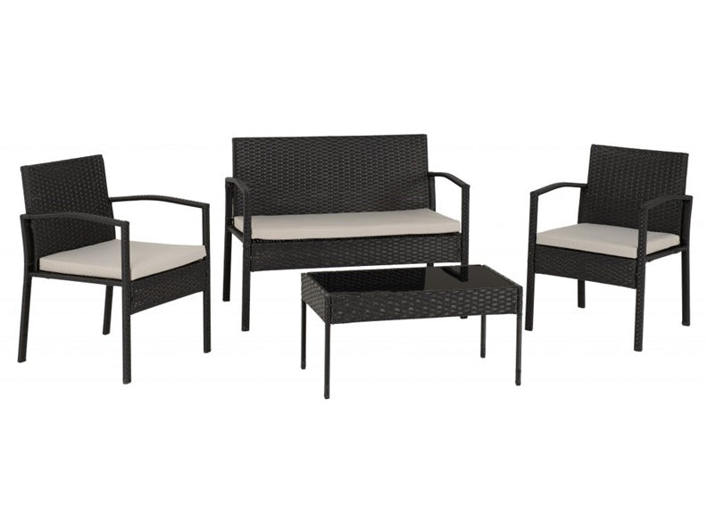 CEDAR 4 PIECE GARDEN SET BLACK RATTAN/GREY FABRIC/BLACK GLASS