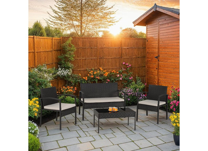 CEDAR 4 PIECE GARDEN SET BLACK RATTAN/GREY FABRIC/BLACK GLASS