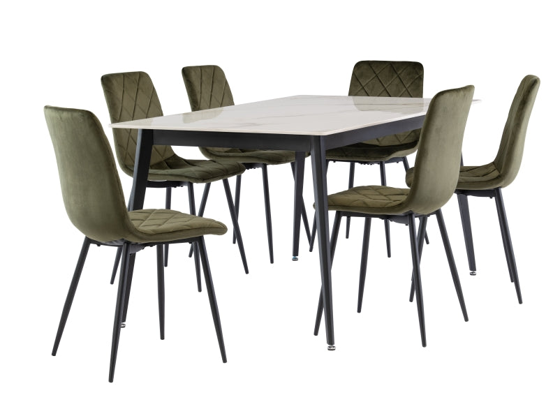 Ivy Table With Six Green Velvet Bella Chairs
