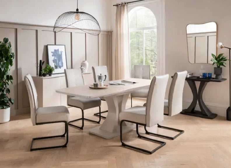 Daiva Greige Extending Dining Table W/Six Natural Greige PU Chairs