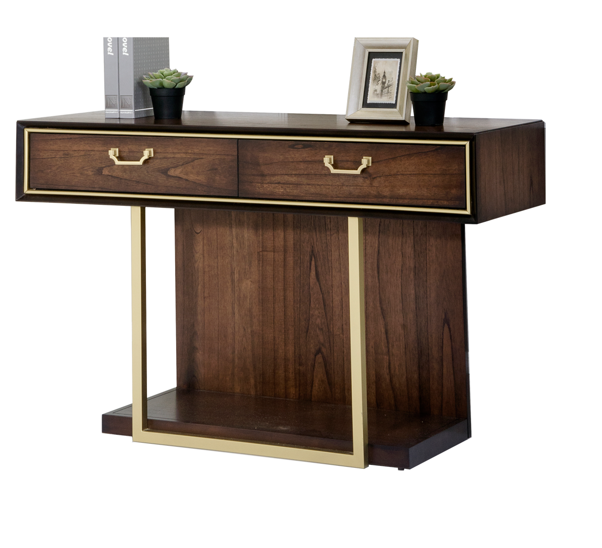 Dubai Console Table – Walnut Finish with Gold Detailing