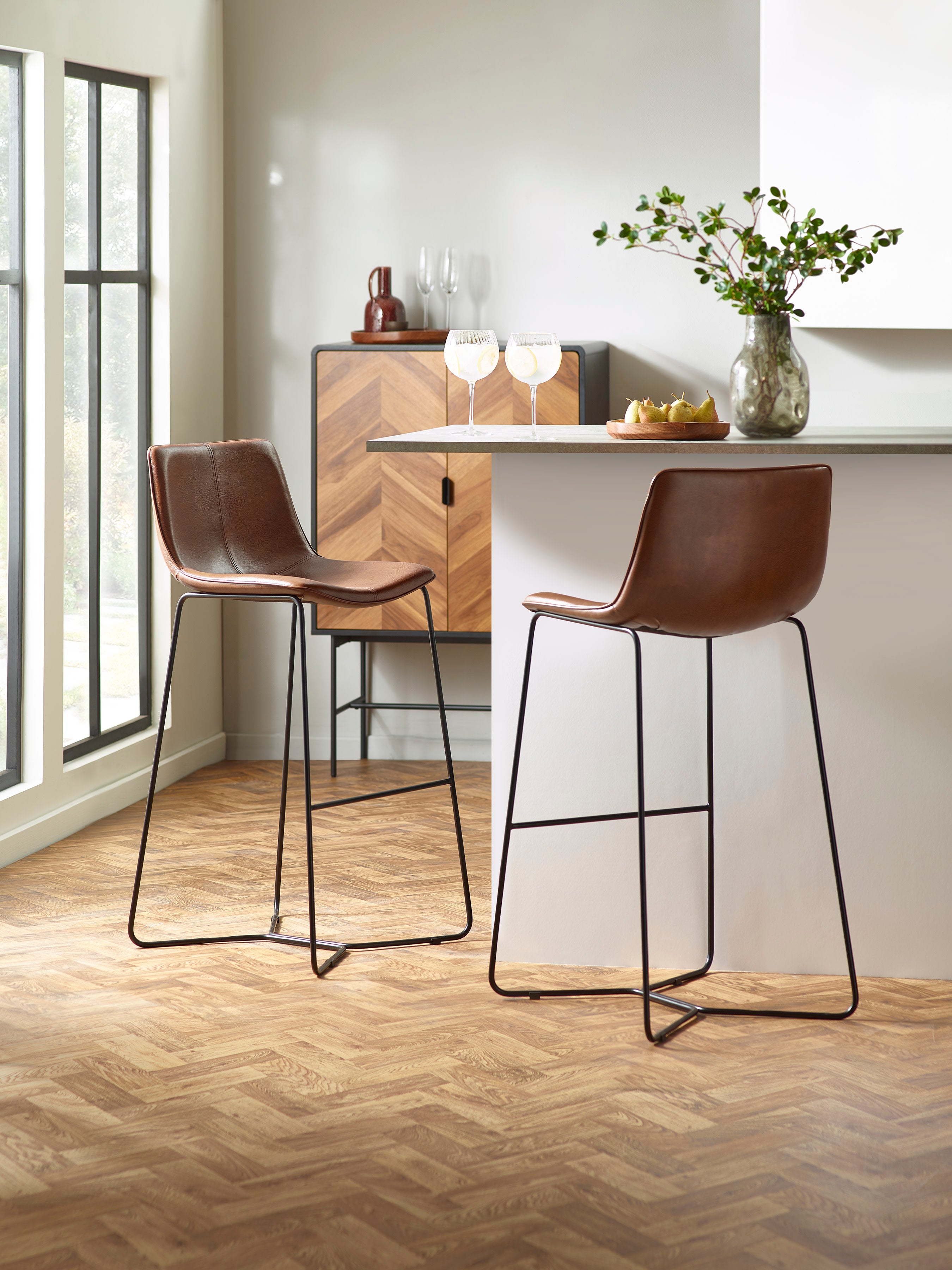 Set of 2 Joren Tan Brown PU Leather Bar Stools