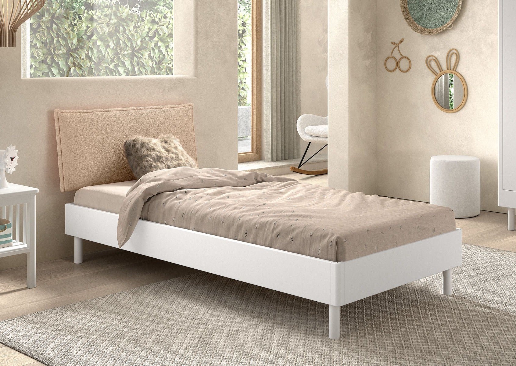 FORREST Bed 90 x 200 cm in Beech White with Bouclé Upholstered Headboard – Stylish and Timeless | Free Nationwide Delivery by Homeline Furniture