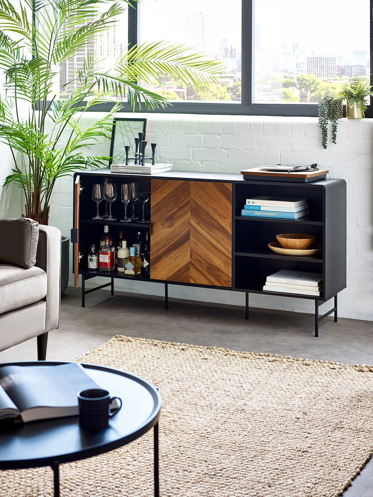 Alvin Black and Natural Wood‑Effect Sideboard