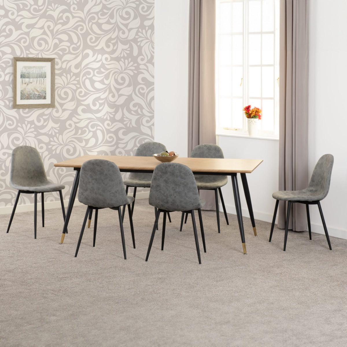 Hamilton Large Dining Set with Athens Chairs in Medium Oak Effect - Black & Grey Faux Leather | Free Delivery Nationwide in 2-3 Weeks | Homeline Furniture