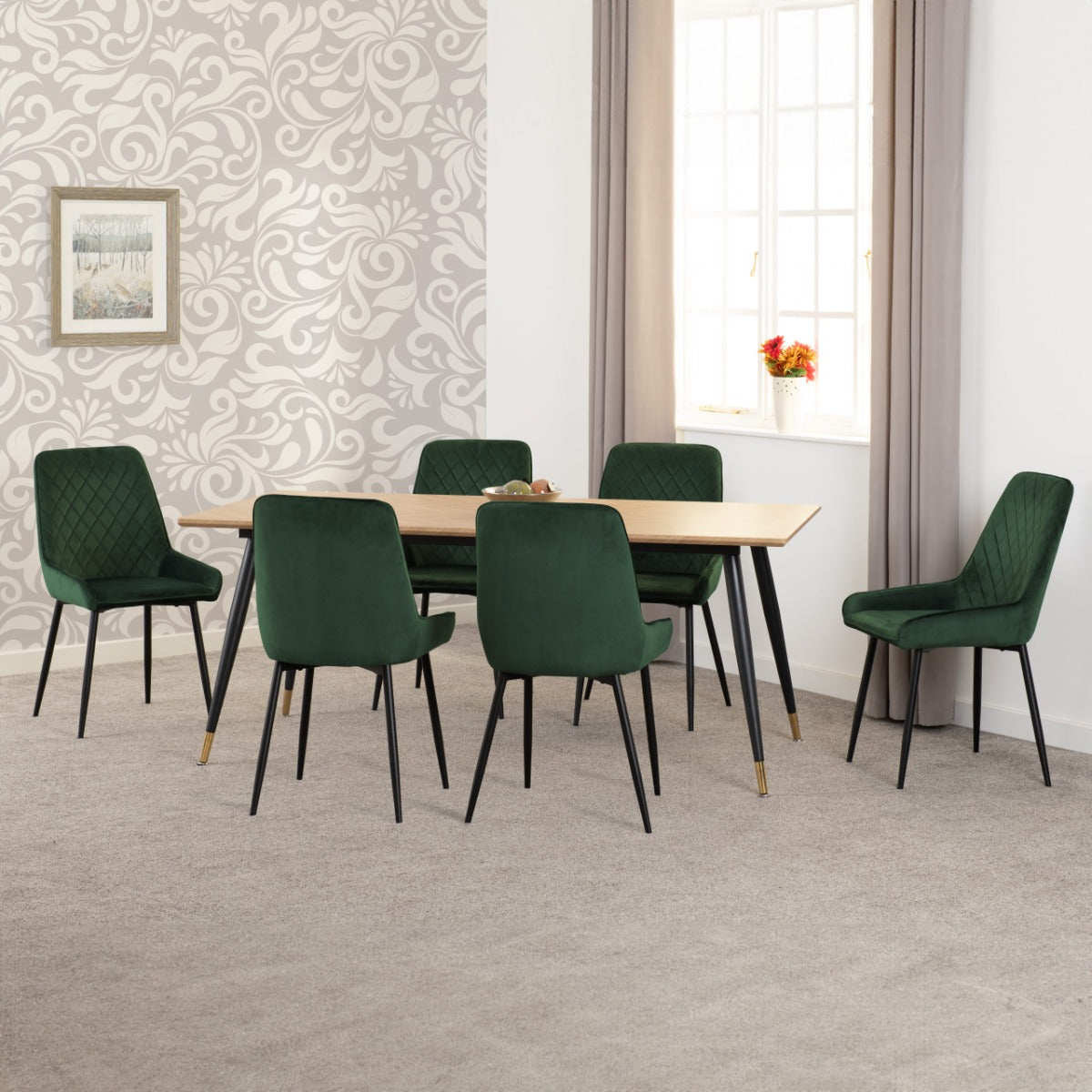 Hamilton Large Dining Set with Avery Chairs in Medium Oak Effect - Black & Emerald Green Velvet | Free Nationwide Delivery in 2-3 Weeks | Homeline Furniture