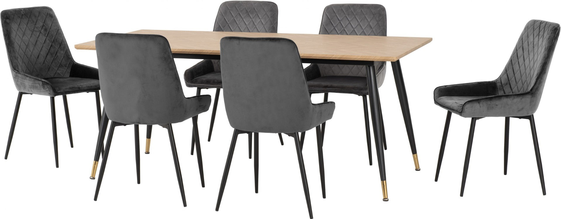 Hamilton Large Dining Set with Avery Chairs in Medium Oak Effect - Black & Grey Velvet | Free Nationwide Delivery in 2-3 Weeks | Homeline Furniture