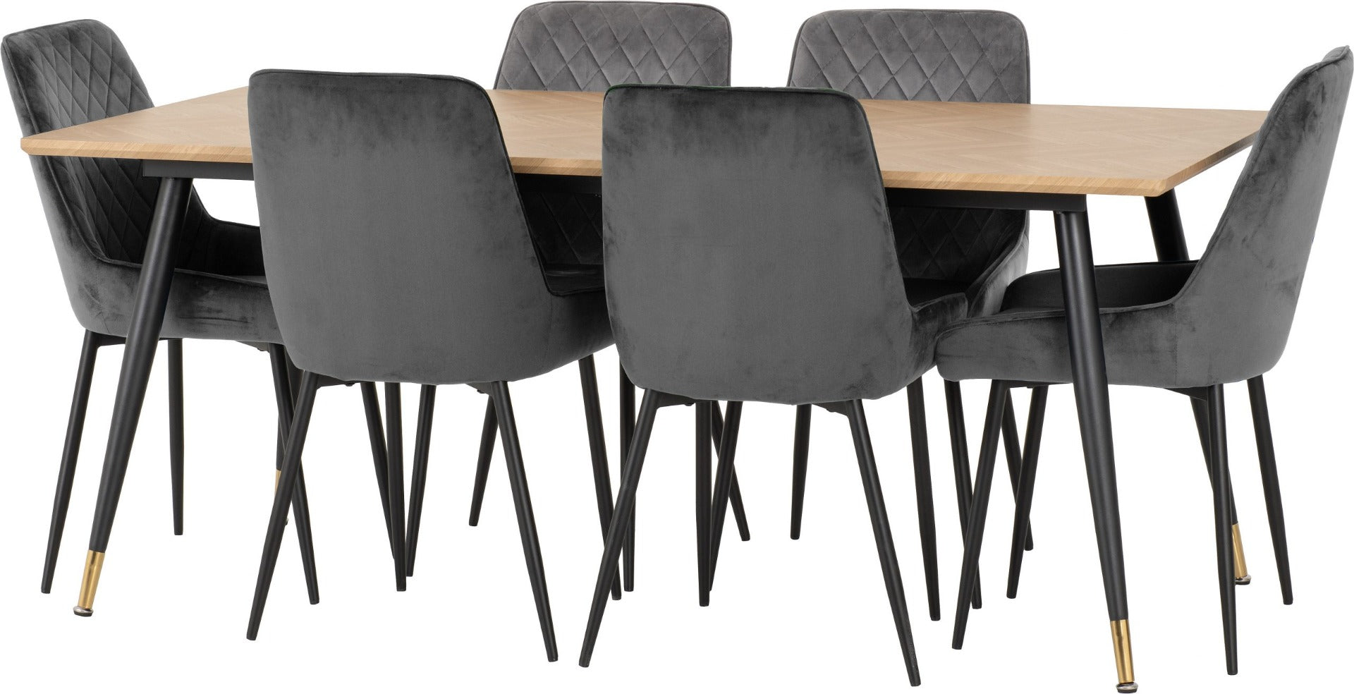 Hamilton Large Dining Set with Avery Chairs in Medium Oak Effect - Black & Grey Velvet | Free Nationwide Delivery in 2-3 Weeks | Homeline Furniture
