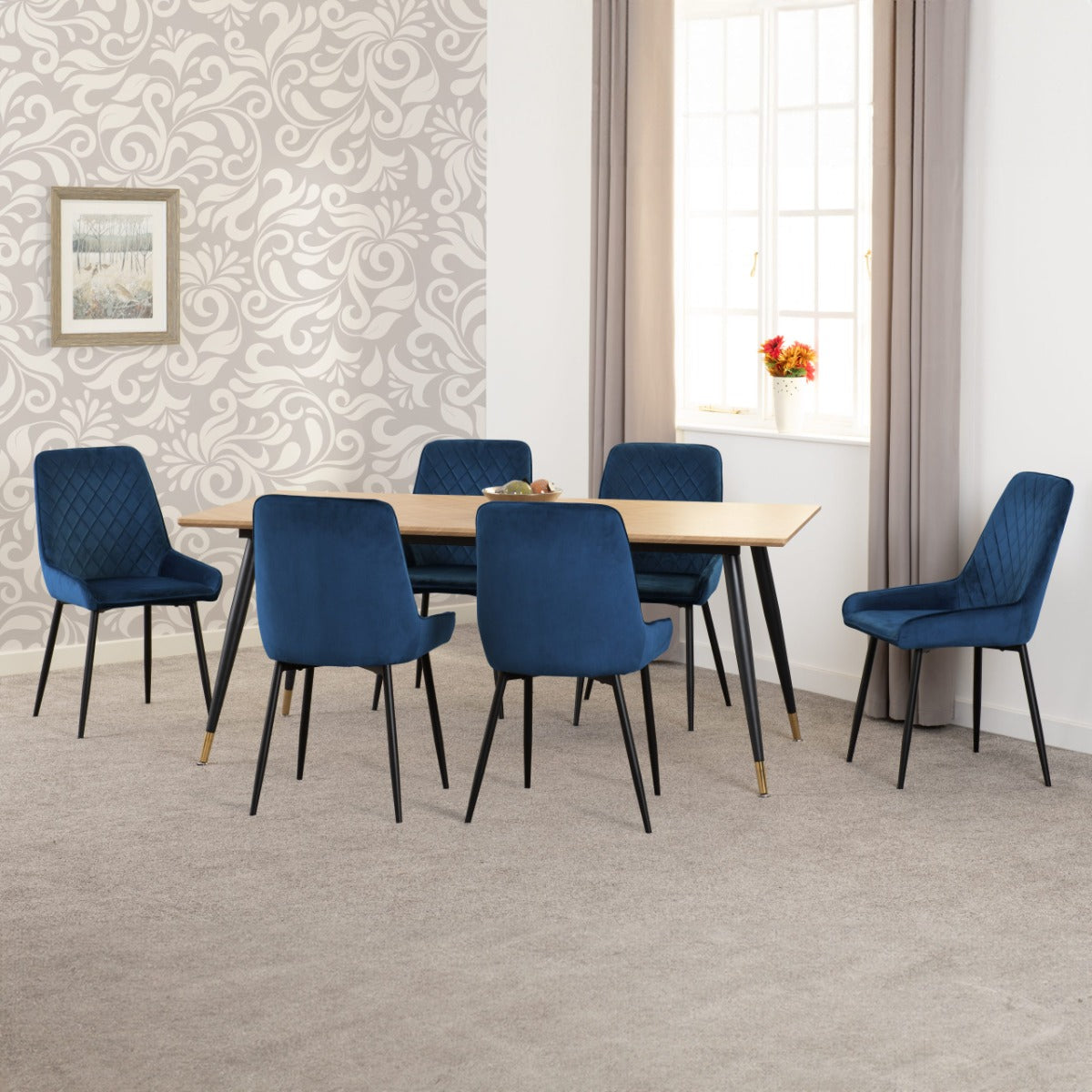 Hamilton Large Dining Set with Avery Chairs in Medium Oak Effect - Black & Sapphire Blue Velvet | Free Nationwide Delivery in 2-3 Weeks | Homeline Furniture