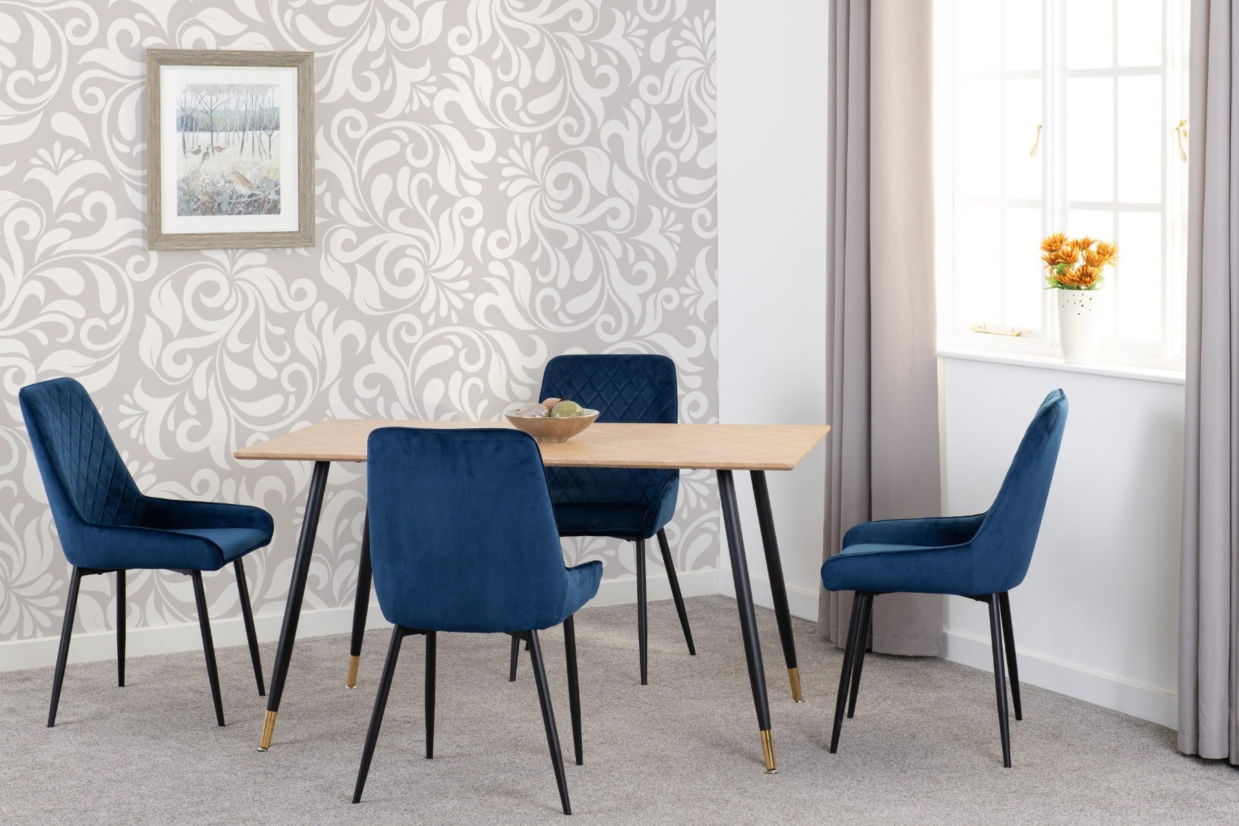Hamilton Medium Dining Set with Avery Chairs in Medium Oak Effect - Black & Sapphire Blue Velvet | Free Nationwide Delivery in 2-3 Weeks | Homeline Furniture
