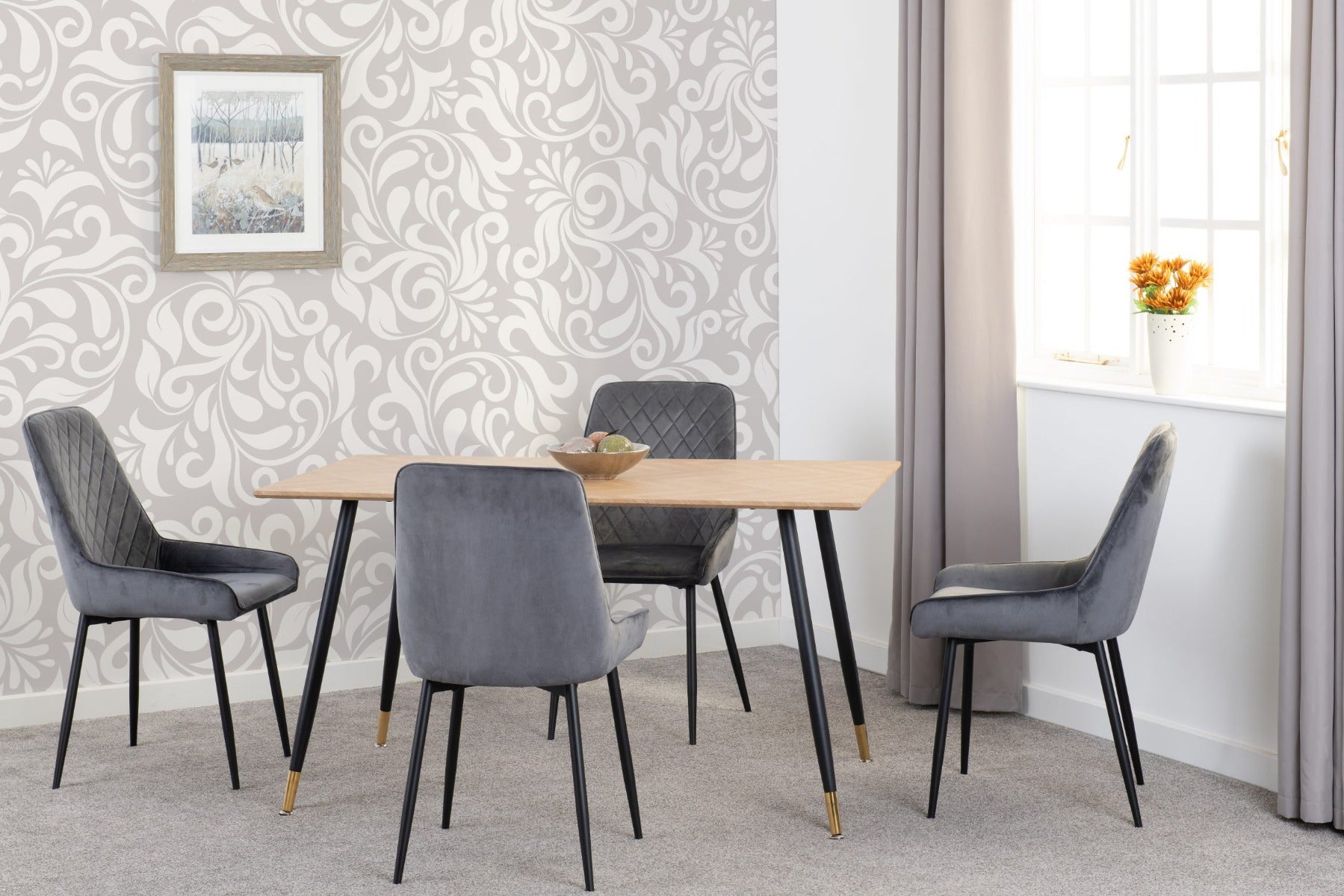 Hamilton Medium Dining Set with Avery Chairs in Medium Oak Effect - Black & Grey Velvet | Free Nationwide Delivery in 2-3 Weeks | Homeline Furniture