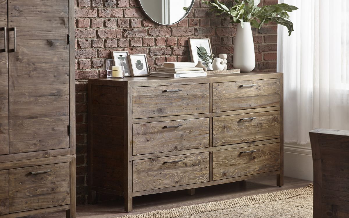 Heritage 6 Drawer Wide Chest – Reclaimed Wood with Industrial Style Handles