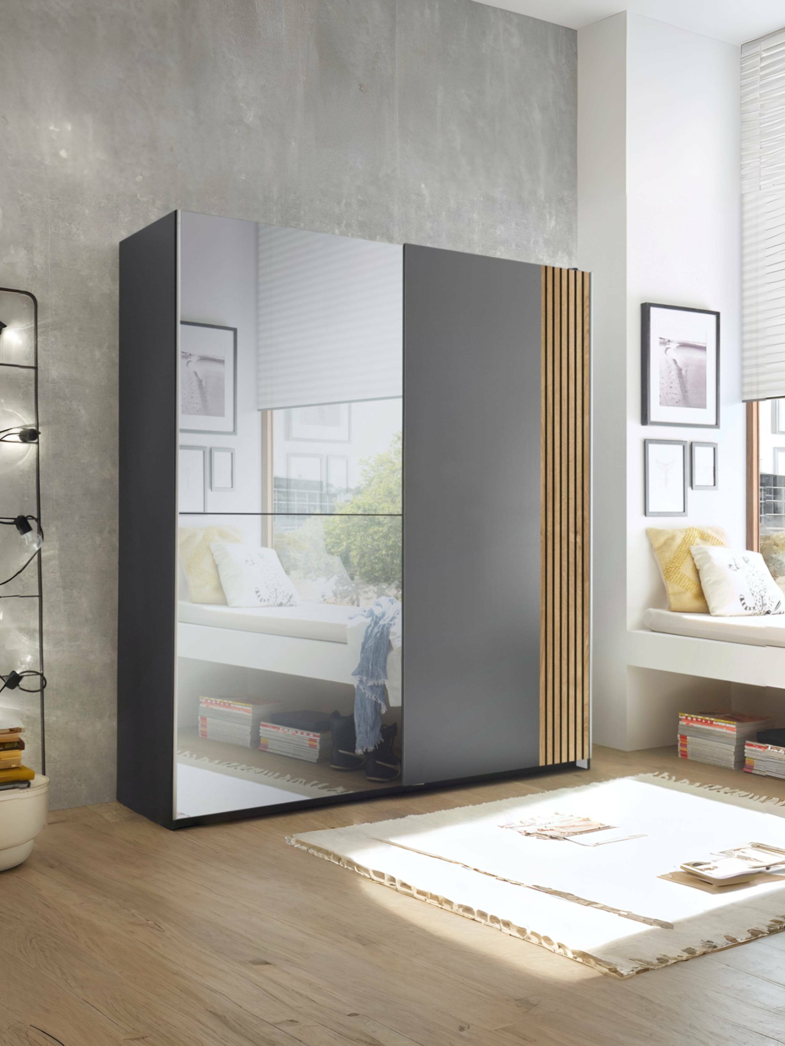 Berno Light Oak and Dark Grey Sliding 2 Door Wardrobe With Mirror