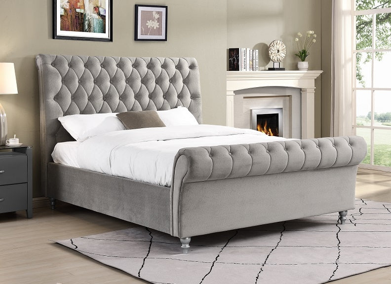 Kilkenny Velvet Scroll Bedframes (Pre-Order Grey 5 ft)