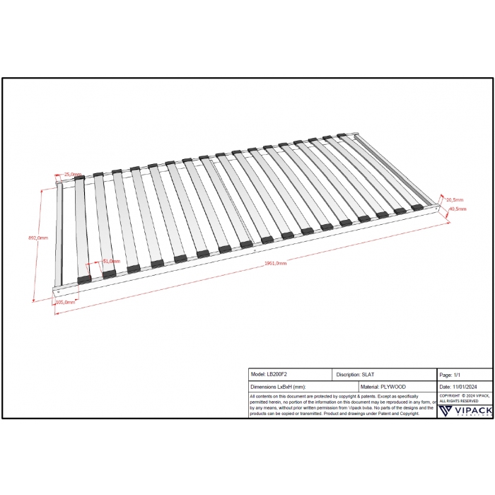 SLATTED BED BASE FRAME 17 SLATS 90 X 200 CM