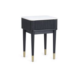 Louis Black Fluted Stone Top Lamp Table with Drawers: Sophisticated Elegance Meets Practicality by Homeline Furniture (Free Nationwide Delivery in 3-5 Weeks)