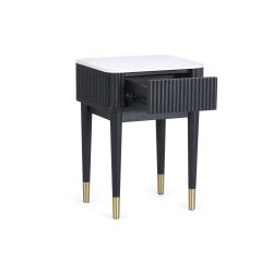 Louis Black Fluted Stone Top Lamp Table with Drawers: Sophisticated Elegance Meets Practicality by Homeline Furniture (Free Nationwide Delivery in 3-5 Weeks)