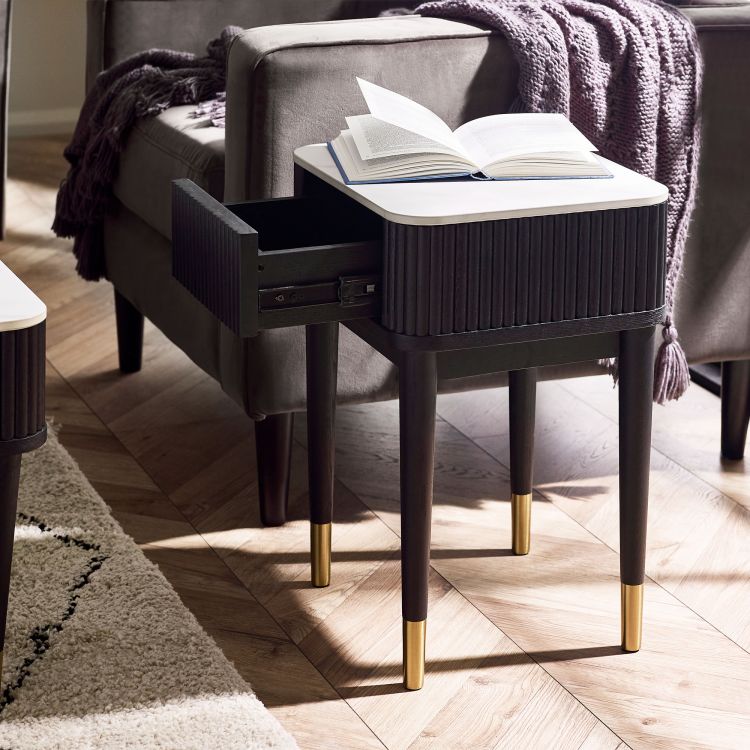 Louis Black Fluted Stone Top Lamp Table with Drawers: Sophisticated Elegance Meets Practicality by Homeline Furniture (Free Nationwide Delivery in 3-5 Weeks)