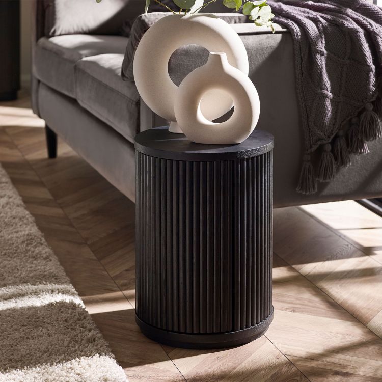 Louis Black Fluted Side Table With Door: (PRE-ORDER FOR JAN)