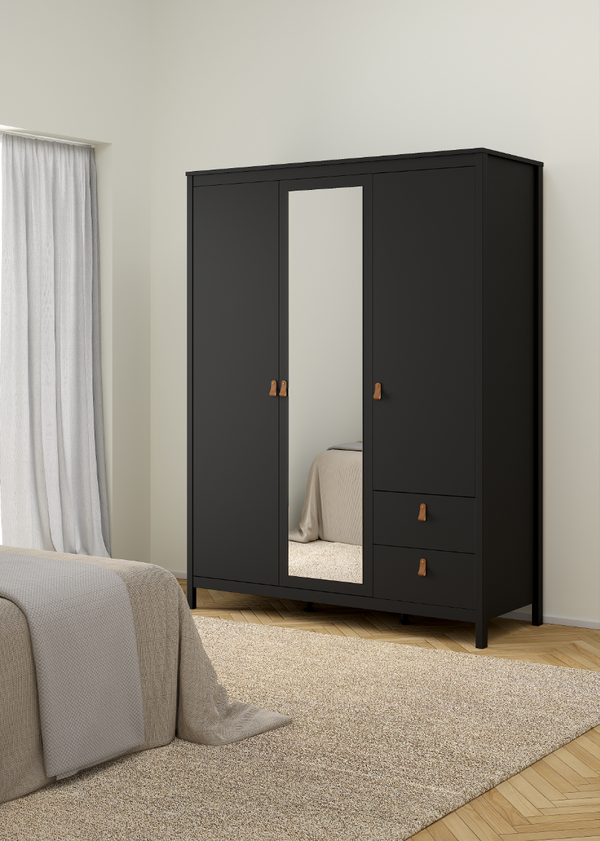 Madrid Black Wardrobe with 2 Doors, Mirror Door, and 2 Drawers