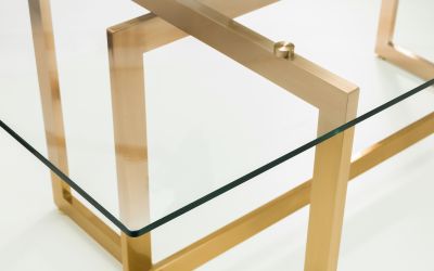 Minori Dining Table – Luxurious Glass Top with Gold Geometric Legs