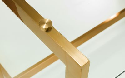 Minori Dining Table – Luxurious Glass Top with Gold Geometric Legs