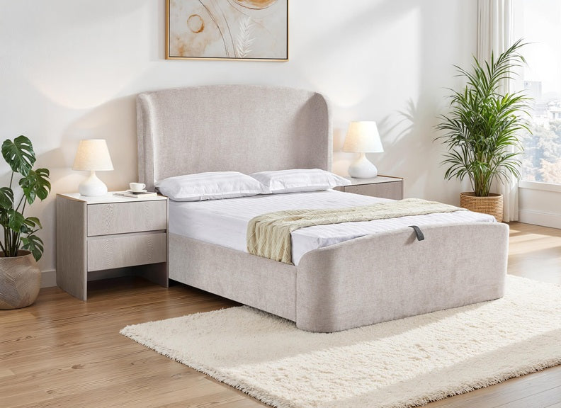 Blaire 6 ft Ottoman Bed – Cream Upholstered with Under-Bed Storage