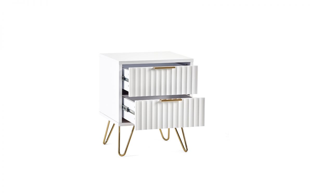 Murano 2 Drawer Bedside Table - Matte White | Chic Design with Brushed Gold Accents