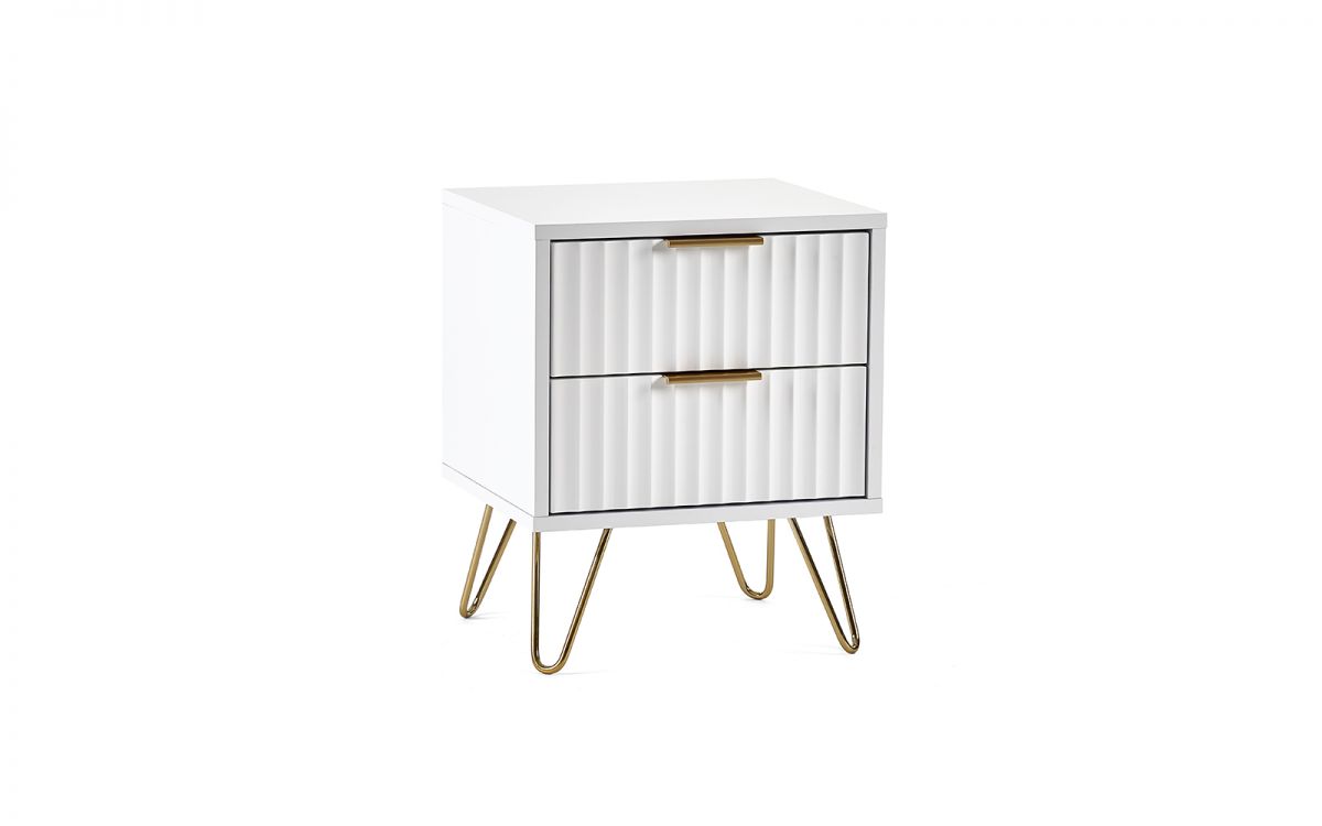 Murano 2 Drawer Bedside Table - Matte White | Chic Design with Brushed Gold Accents