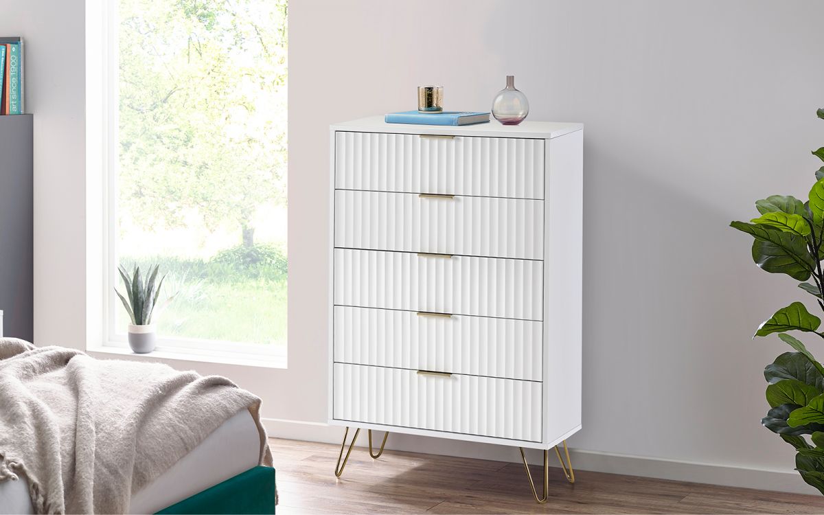 Murano 5 Drawer Chest - Matte White | Elegant Storage with Sculpted Fronts