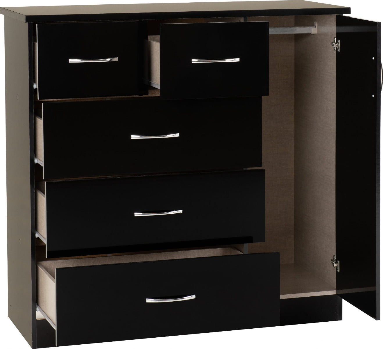 Nevada Black Gloss 5 Drawer Low Wardrobe