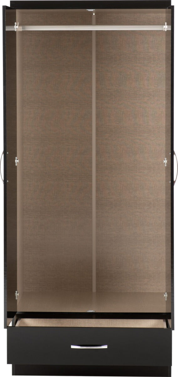 Nevada Black Gloss Mirrored 2 Door 1 Drawer Wardrobe