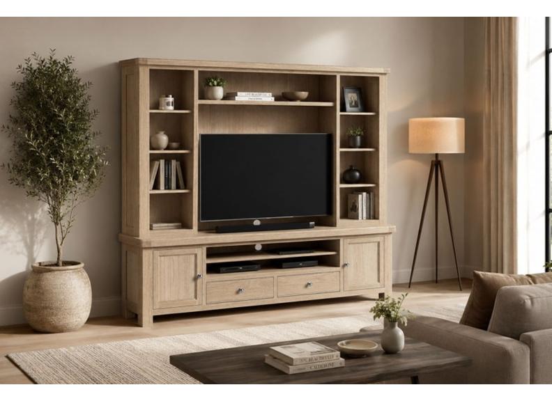 Normandy 2.18 m Media Unit | Extra Long Stand With Optional Hutch Top In A Whitewashed Finish
