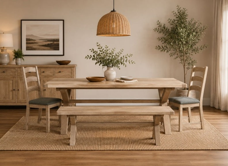 Normandy Cross Dining Bench | Oak Bench With Whitewashed Finish