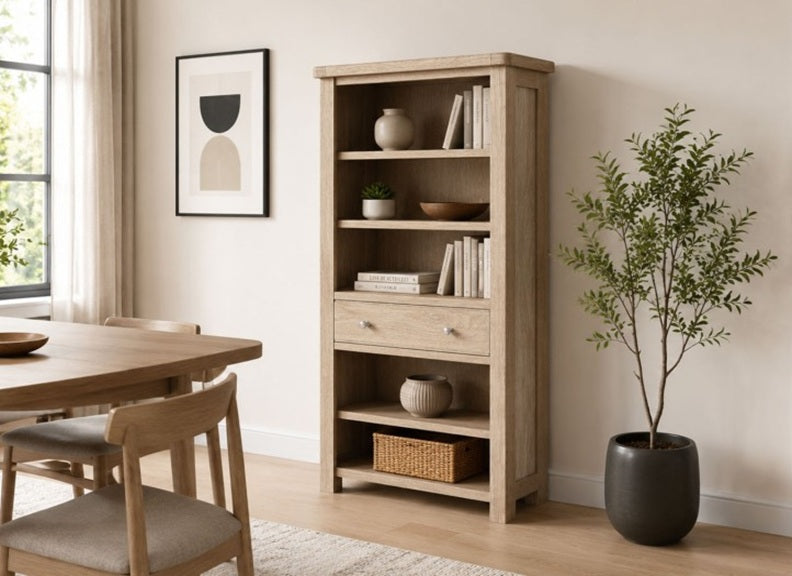 Normandy Bookcases With Drawer | Whitewashed Oak Occasional Storage