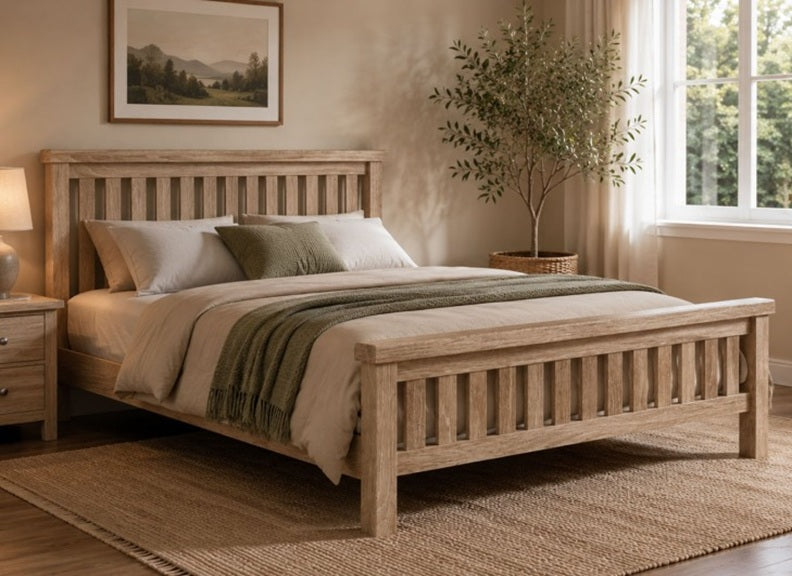 Normandy Slatted Bed Frame | Low Foot Bed With A Whitewashed Finish