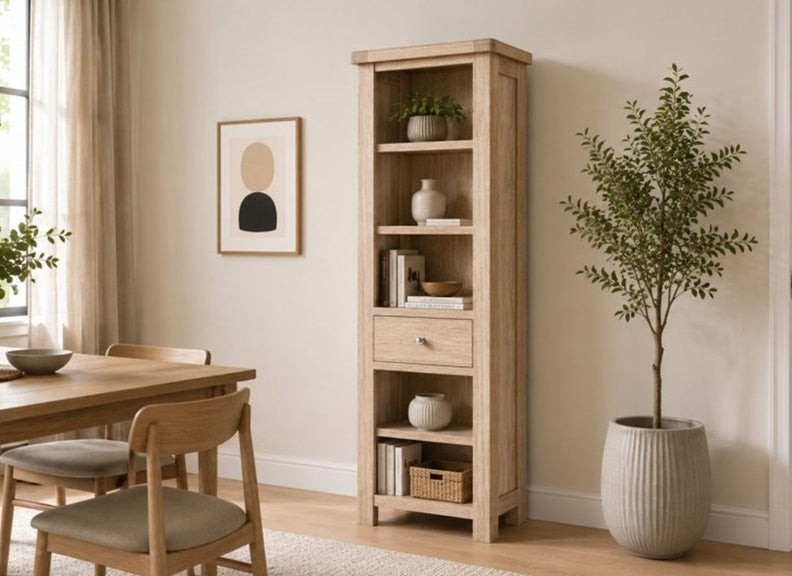 Normandy Bookcases With Drawer | Whitewashed Oak Occasional Storage