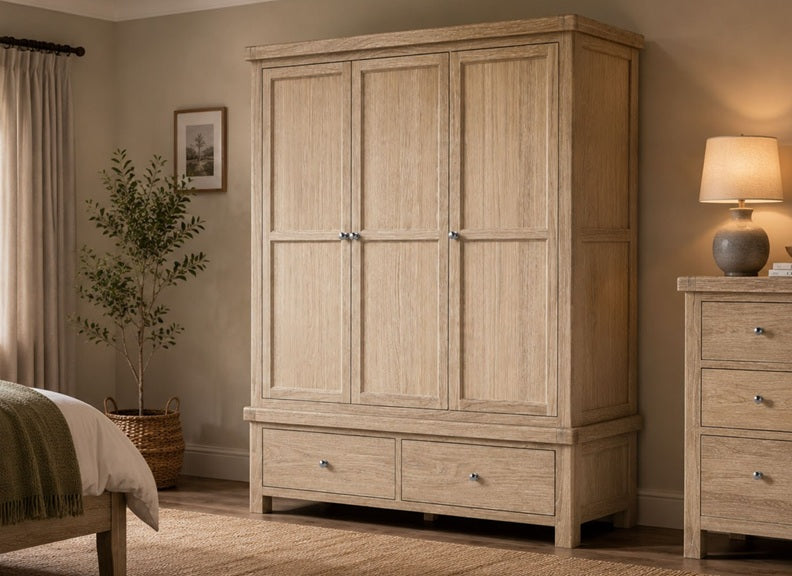 Normandy Three Door Wardrobe | Large Bedroom Wardrobe In A Whitewashed Finish