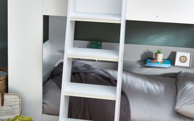 Parsec Bunk Bed - All White with Built-In Shelving and Ladder